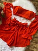 Conjunto Short + Cropped Ciganinha Manga Bufante (Laranja)