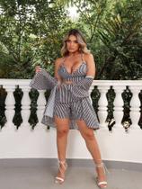 Conjunto short, cropped e kimono listrado cod2046