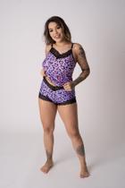 Conjunto Short Doll Harmonia e Preto com Onça Microfibra com Renda Deluxe Lingerie