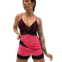 Conjunto Short Dool Lingerie Renda Especial Pink e Preto