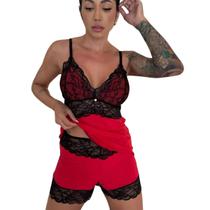 Conjunto Short Dool Lingerie Renda Especial Vermelho e Preto