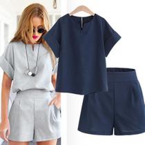 conjunto short e blusa manga curta de linho cinza tamanho único conjunto short e blusa manga curta de linho cinza tamanho único