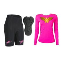 Conjunto Short E Camiseta Ciclismo Bike Mtb Acolchoada Mulher Maravilha