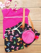 Conjunto short floral blusa pink com tira bordada
