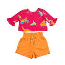 Conjunto Short Laranja e Blusa de Manga Rosa com Estampa de Origami - Tamanho: 2 a 16