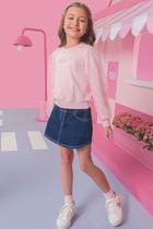 Conjunto Short saia jeans e blusa rosa infantil menina 10 14