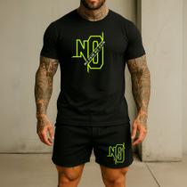 Conjunto Short TACTEL Com Camiseta Estampada No Pain No Gain Símbolo Verde