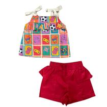 Conjunto Short Vermelho e Blusa com Estampa jogos - Tamanho 2 a 10