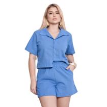 Conjunto Shorts com bolso cropped camisa com botões de madeira praia Conjunto Shorts com bolso cropped camisa com botões de madeira praia