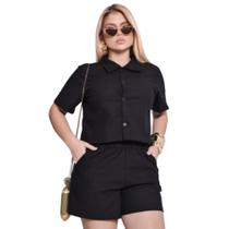 Conjunto Shorts com bolso cropped camisa com botões de madeira praia Conjunto Shorts com bolso cropped camisa com botões de madeira praia