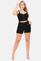 Conjunto Shorts e Cropped Curto com Bojo Botões de Enfeites com Lycra