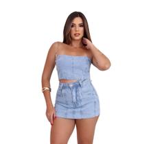 Conjunto shorts jeans e cropped sem alça