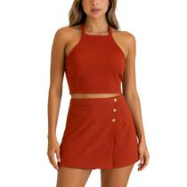 Conjunto Shorts Saia Cropd Crepe Casual Confortavel Feminino