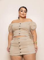 Conjunto Shorts Saia E Cropped Plus Size Jeans Com Elastano