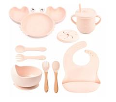 Conjunto Silicone Refeição Bebê Talher Prato Copo Babador 9p