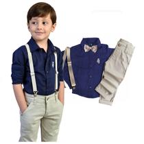 Conjunto Social 10 a 16 anos Azul Marinho Calça Infantil Bege Masculino