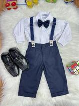 Conjunto Social Bebê Calça Suspensório Azul Escuro e Camisa Branca para Festas e Eventos