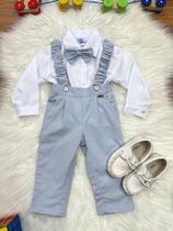 Conjunto Social Bebê Camisa Branca Calça Suspensório e Gravata Azul para Festas