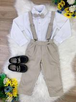 Conjunto Social Infantil Camisa Branca Calça Gravata Suspensório Bege
