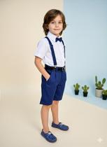Conjunto Social Infantil Camisa Gravata Short e Suspensório Azul Marinho