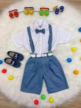 Conjunto Social Infantil Camisa Short Gravata e Suspensório Azul Petróleo