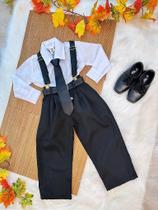 Conjunto Social Infantil Masculino: Camisa Branca, Calça, Suspensório e Gravata Preta - Fabuloso Ateliê