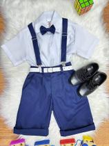 Conjunto Social Infantil Masculino Camisa Branca e Short Suspensório com Gravata Azul Marinho