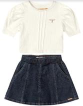 Conjunto Social Infantil Menina Blusa Manga Bufante Saia Jeans Short Por Baixo Menina Carinhoso