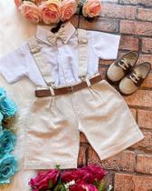 Conjunto Social Linho Shorts Gustavo - Camisa, Gravata, Cinto e Suspensório