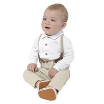 Conjunto Social Malwee Carinhoso Camisa Polo Manga Longa Calça Sarja Suspensório Branco Off White Bege Tam M ao 3 Bebê Infantil