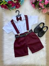Conjunto Social Meninos Miss Cherry - Camisa Branca, Shorts e Acessórios Marsala