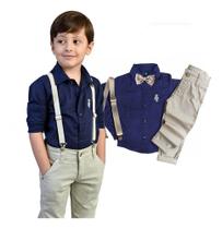 Conjunto Social P ao 16 anos Azul Marinho Calça Infantil Bege Masculino