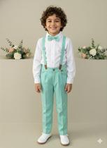 Conjunto Social Pajem Camisa Branca com Calça e Suspensório Verde - 4 Peças