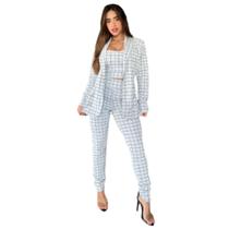 Conjunto Social Xadrez Blazer Longo Cropped E Calça Cintura Alta