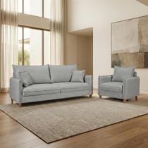 Conjunto Sofá 02 Lugares Living Córdoba e Uma Poltrona Tecido Linho Cinza Claro Conjunto Sofá 02 Lugares Living Córdoba e Uma Poltrona Tecido Linho Cinza Claro