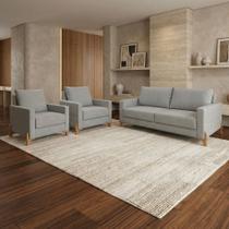 Conjunto Sofá 02 Lugares Living Topázio e Duas Poltronas Tecido Linho Cinza Claro