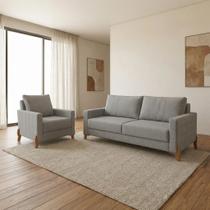 Conjunto Sofá 02 Lugares Living Topázio e Uma Poltrona Tecido Linho Cinza Claro Conjunto Sofá 02 Lugares Living Topázio e Uma Poltrona Tecido Linho Cinza Claro