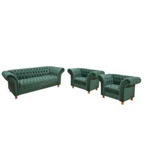 Conjunto Sofá 02 Poltronas Chesterfield Conde D'el Via Encanto Veludo Verde