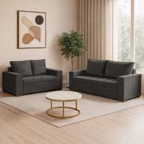 Conjunto Sofá 2 e 3 Lugares Classico Suede Cinza Urban Pés Madeira