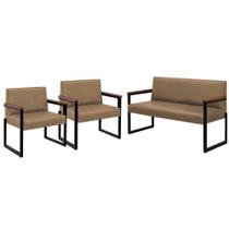 Conjunto Sofá 2 Lugares e 2 Poltronas Niterói Couro Bege em Metal Preto Conjunto Sofá 2 Lugares e 2 Poltronas Niterói Couro Bege em Metal Preto