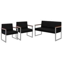 Conjunto Sofá 2 Lugares e 2 Poltronas Niterói Couro Preto em Metal Champanhe