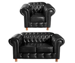 Conjunto Sofá 2 Lugares e Poltrona Luis Xv Chesterfield Vintage Preto Conjunto Sofá 2 Lugares e Poltrona Luis Xv Chesterfield Vintage Preto
