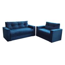 Conjunto sofá 3 e 2 lugares 5 lugares encosto fixo Azul