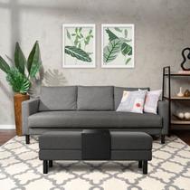 Conjunto Sofá 3 Lugares com Puff Baú 120cm e Bandeja Antúrio CabeCasa MadeiraOriginals Cinza Grafite Conjunto Sofá 3 Lugares com Puff Baú 120cm e Bandeja Antúrio CabeCasa MadeiraOriginals Cinza Grafite