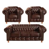 Conjunto Sofá 3 Lugares e 2 Poltrona Chesterfield Luís XV Vintage Retrô Capitonê Couro Marrom