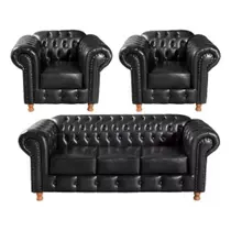 Conjunto Sofá 3 Lugares e 2 Poltrona Chesterfield Luís XV Vintage Retrô Capitonê Couro Preto