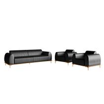 Conjunto Sofá 3 Lugares e 2 Poltronas Base de Madeira Euro 280 cm PU Preto G15 - Gran Belo