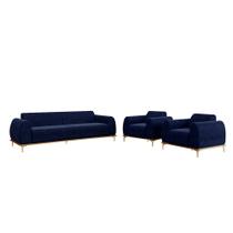 Conjunto Sofá 3 Lugares e 2 Poltronas Base de Madeira Euro 280 cm Veludo Azul Marinho G15 - Gran Belo