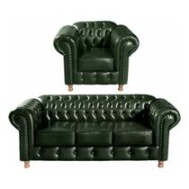 Conjunto Sofá 3 Lugares e Poltrona Chesterfield Luís XV Vintage Retrô Capitonê material sintético Conjunto Sofá 3 Lugares e Poltrona Chesterfield Luís XV Vintage Retrô Capitonê material sintético