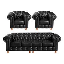 Conjunto Sofá 4 Lugares e 2 Poltrona Chesterfield Luís XV Vintage Retrô Capitonê Couro Preto